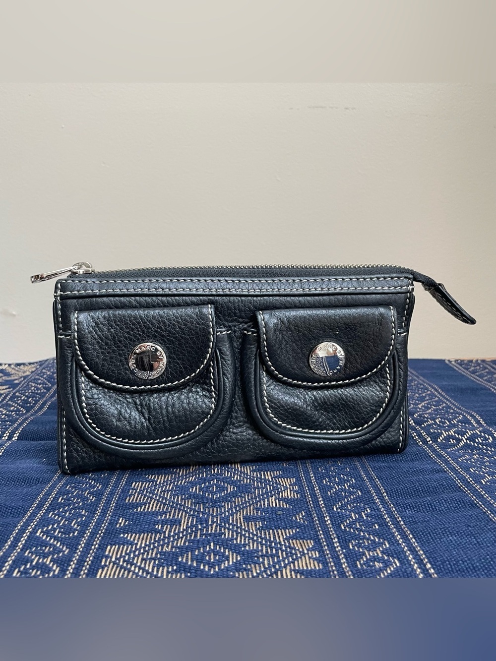 Marc by Marc Jacobs Black Double Pocket Leather Long Wallet Silver Tone Logo